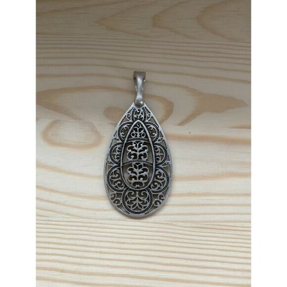 Antique-Style Silver Teardrop Pendant Open Intricate Filigree Design - Picture 2 of 5